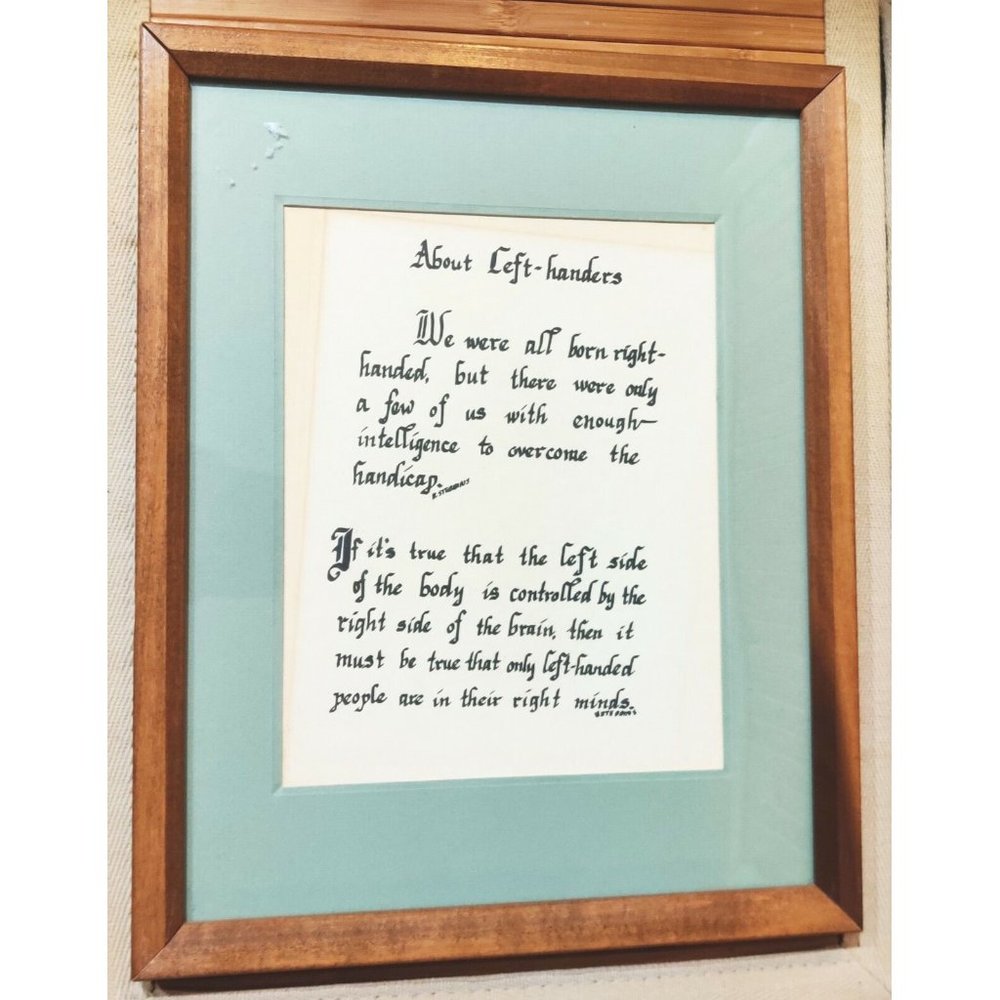 About Left-Handers Calligraphy Art Poem Verse Quotes Vintage 15x12" Signed